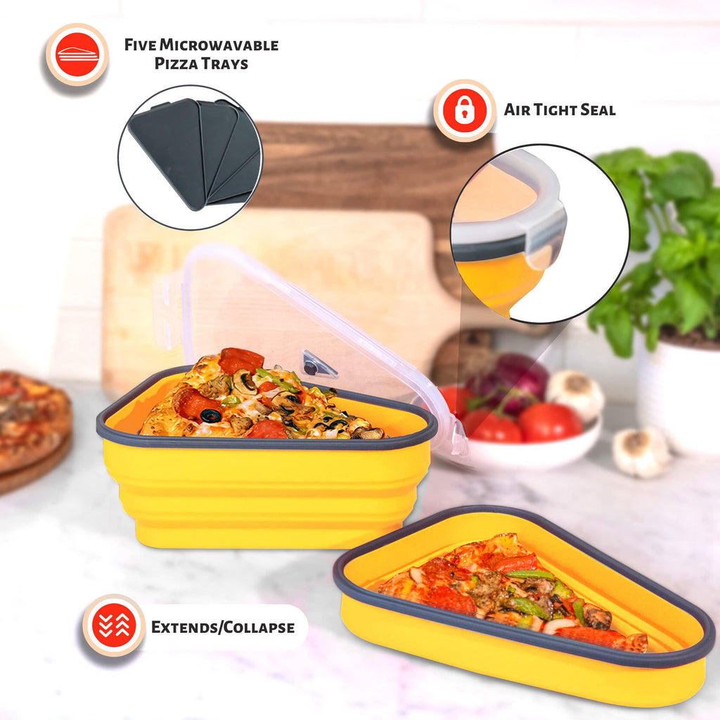 PIZZA PACK The Perfect Reusable Pizza Storage Container with 5 Microwavable Serving Trays - BPA-Free Adjustable Pizza Slice Container to Organize & Save Space, 3 Pack, Yellow