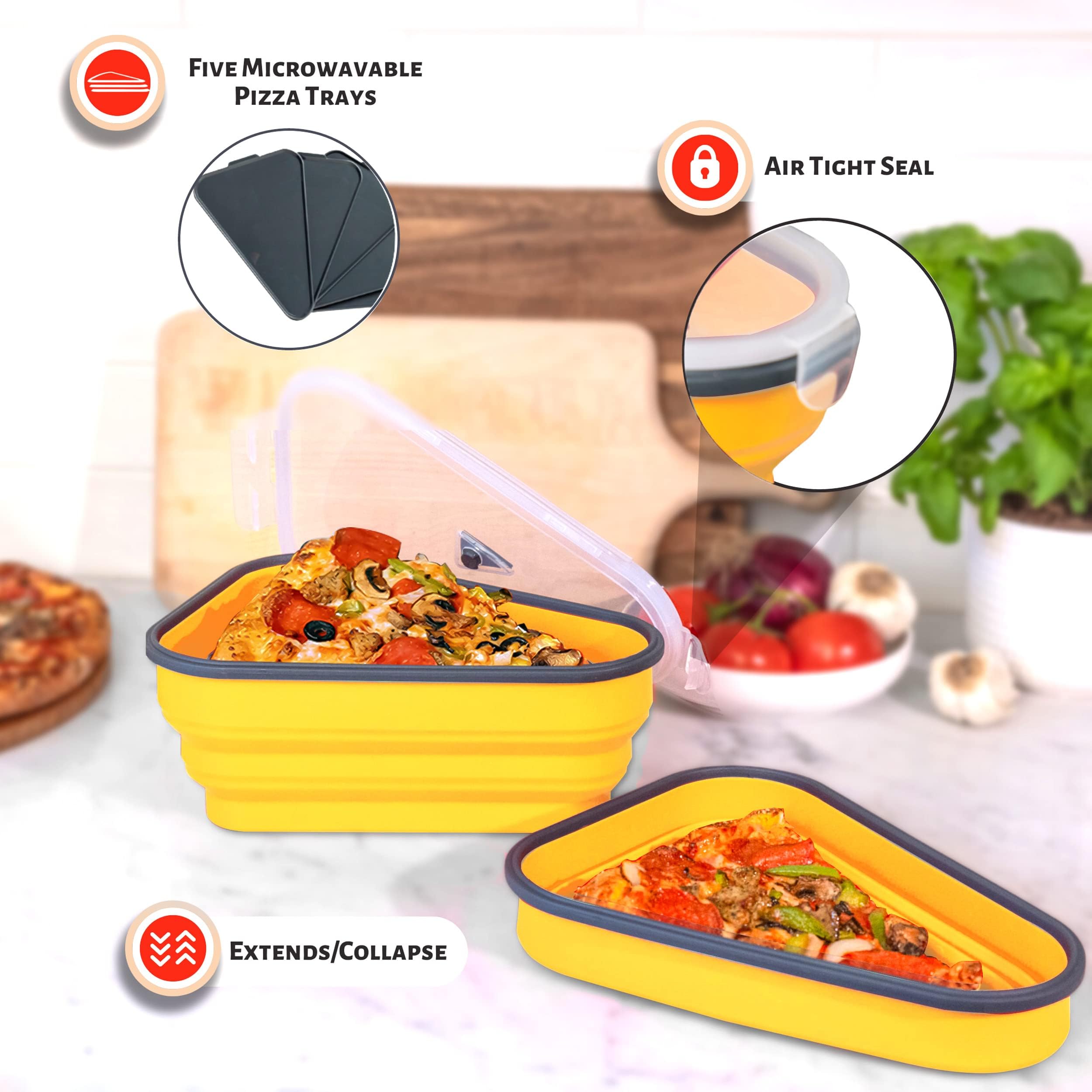 PIZZA PACK The Perfect Reusable Pizza Storage Container with 5 Microwavable Serving Trays - BPA-Free Adjustable Pizza Slice Container to Organize & Save Space, 3 Pack, Yellow