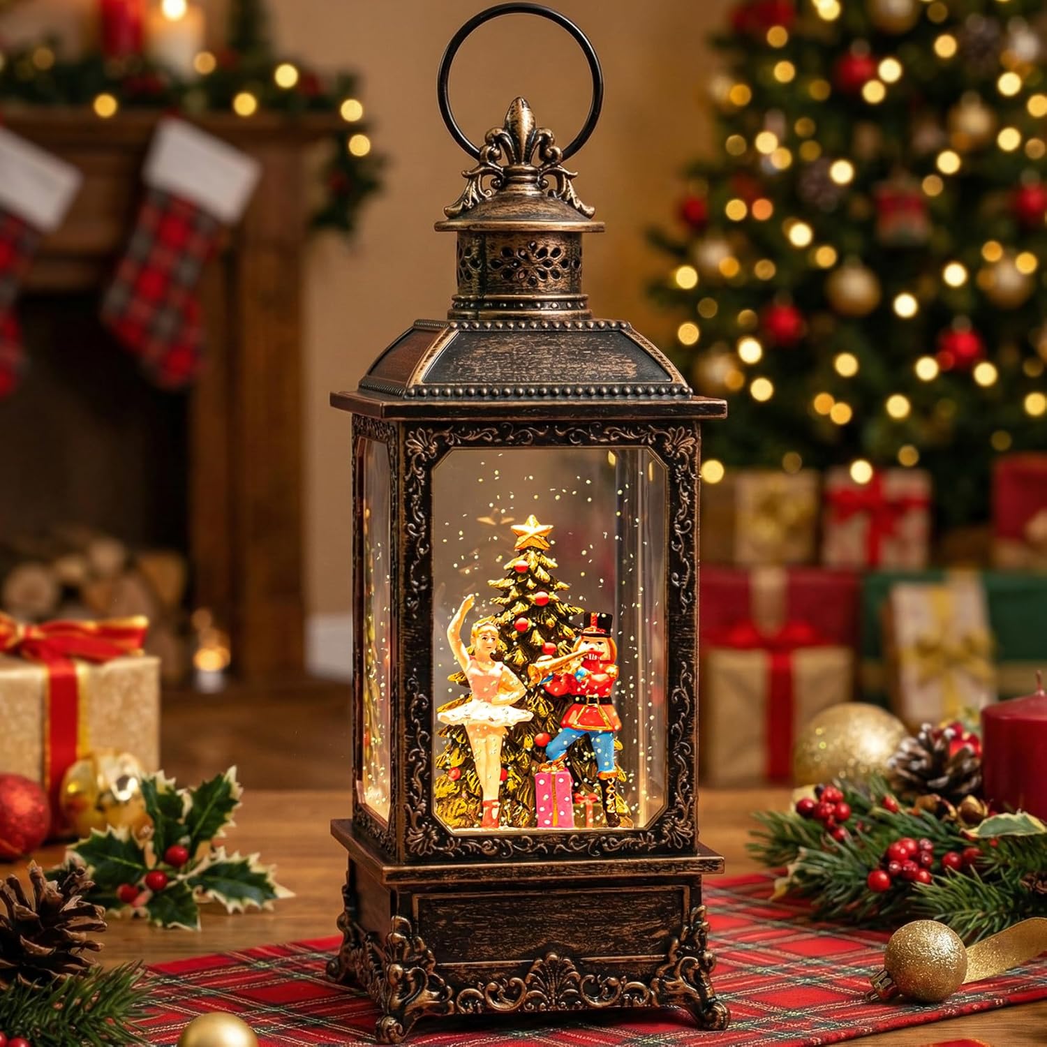 VISFLAIR Christmas Snow Globe Lantern - Musical Nutcracker & Ballerina Decoration | Battery or USB Powered