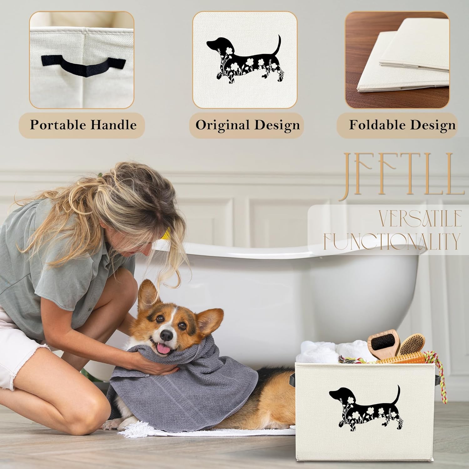 Skiennix Dachshund Dog Toy Basket - Black Floral Collapsible Storage Organizer for Pet Supplies
