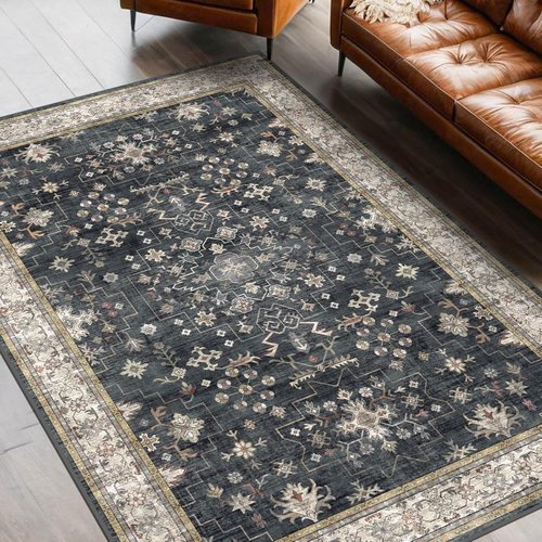**Skiennix Black Boho Living Room Rug - Washable Vintage Low Pile Non-Slip Carpet | 5x7 Size for Indoor Decor**