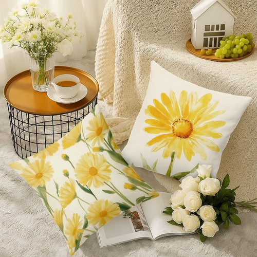 BBOLDIN Spring Summer Throw Pillow Covers 18x18, Yellow Floral Flower Pillow Cases Set of 4, Home Sweet Home Cushion Covers Decorations for Sofa Farmhouse Living Room