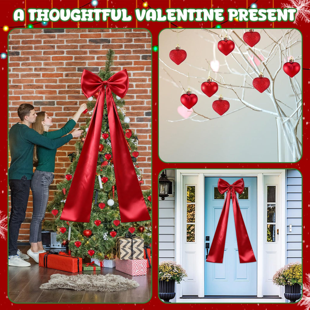 CraftyDream Valentine's Day Tree Topper Giant Bow Decor Satin 47.2 Inch with 36 Pcs Heart Ornaments Romantic Tree Decorations Ribbon Topper Bow Large Outdoor for Home Valentine's Hanging Decor(Red)