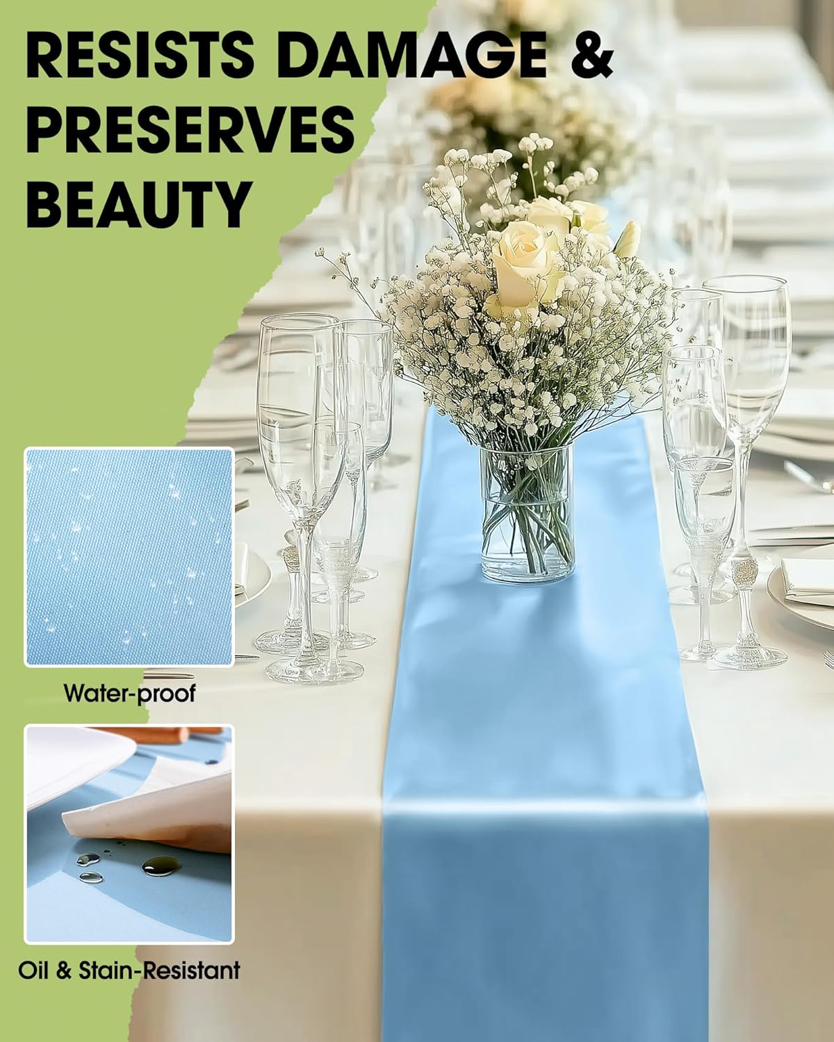 Pureegg Table Runners - Light Blue, 10 Pack, 14'' x 108'', Water Resistant & Disposable for Events
