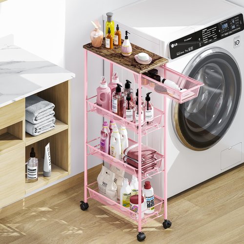 KINGRACK 4-Tier Slim Storage Cart, Metal Rolling Cart, Organizer with Wooden Tabletop and Drawer Basket, Mobile Shelving Unit for Kitchen, Bathroom, Laundry Room, Pink