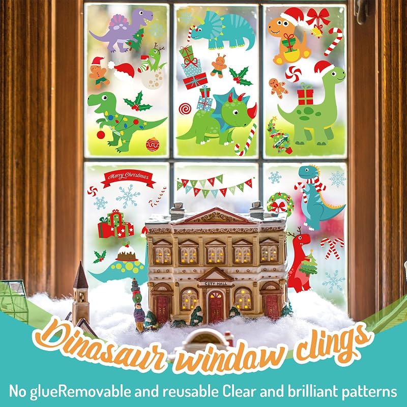 Christmas Window Clings Set - 9 Sheets Dino & Snowflake Reusable Window Decals