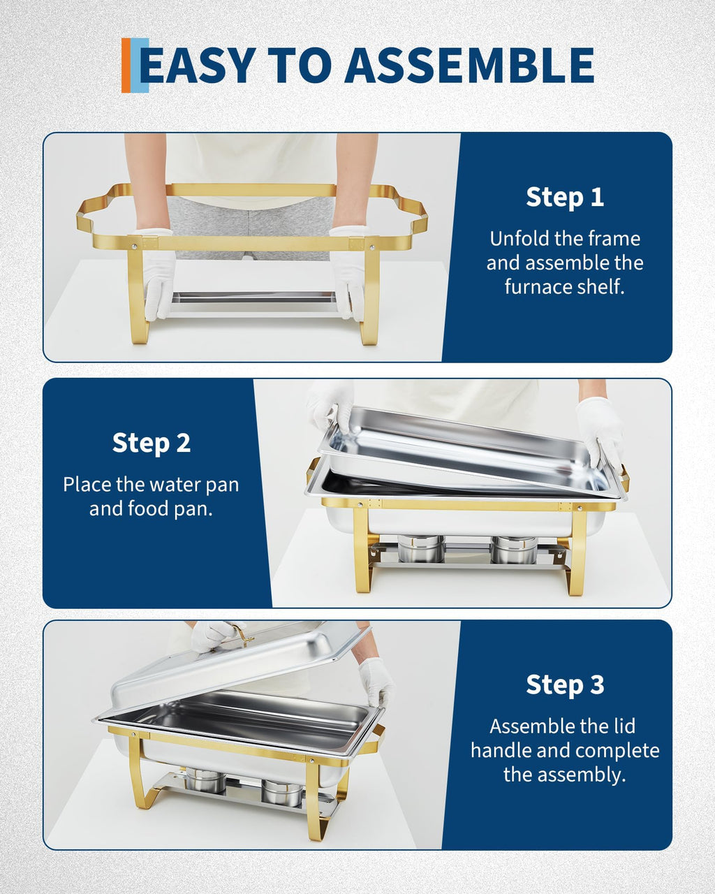 Garvee Chafing Dishes for Buffet Set of 2, 8QT Buffet Servers and Warmers Set with Lid & Foldable Frame, Rectangular Stainless Steel Chafer Food Warmer for Parties Wedding Catering Supplies, Gold