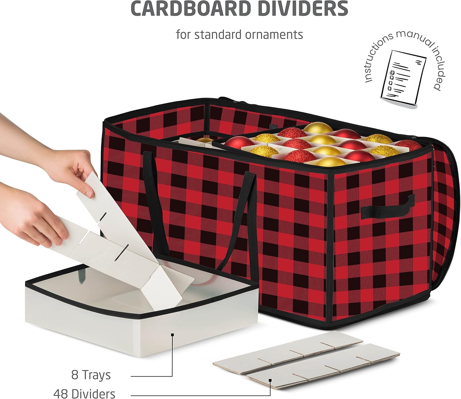 ZOBER Christmas Ornament Storage Box - Durable Plastic Organizer for 128 Ornaments | Plaid Design
