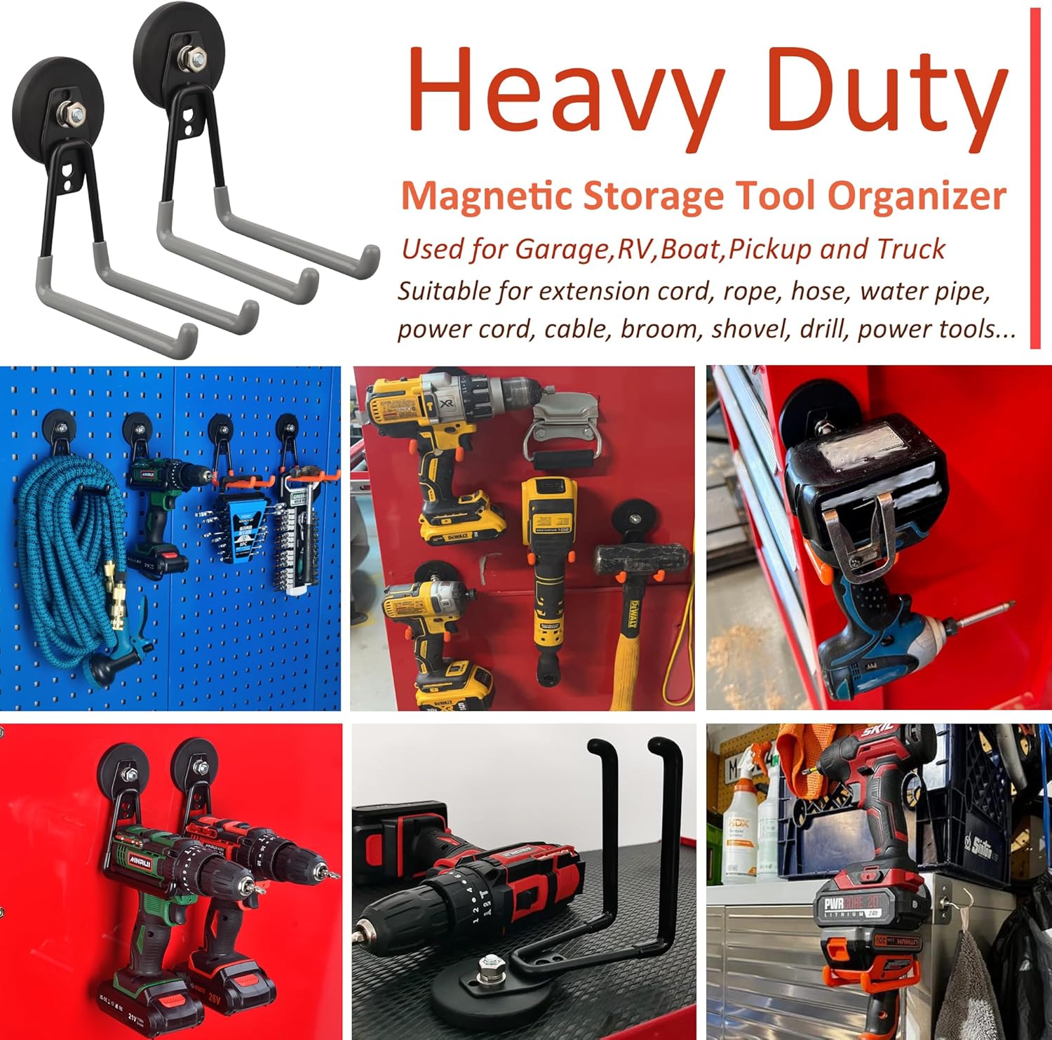 ULIBERMAGNET Magnetic Garage Hooks - Heavy Duty Power Tool Organizer | 2 Pack for Workshop & Garden Tools (Gray)