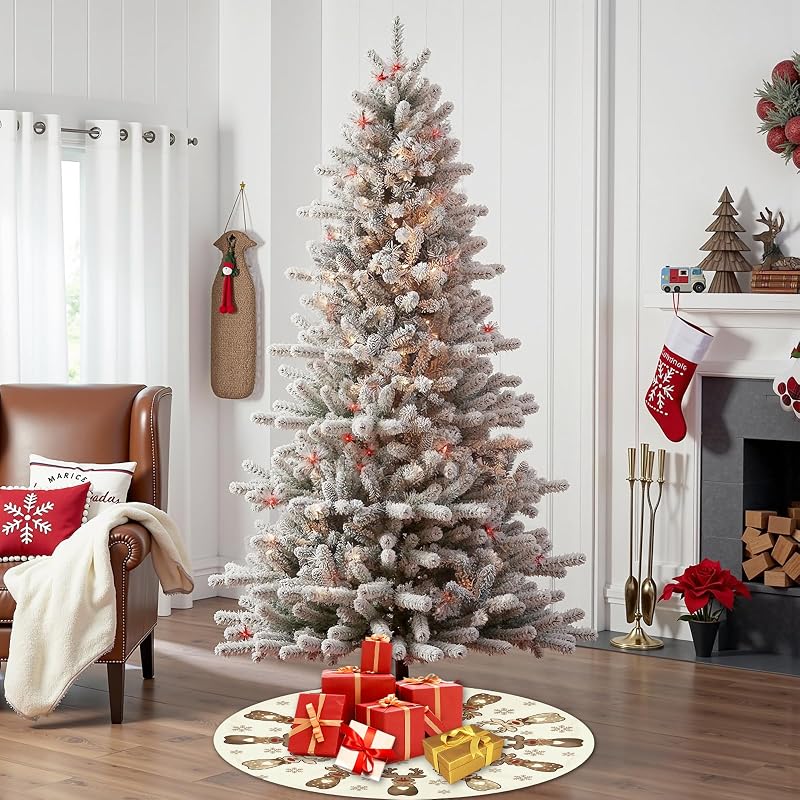 Reindeer Snowflakes Christmas Tree Skirt 36 Inch – Cream Brown Polka Dot with Heart Bow (Variation: Reindeer Snowflakes+36 Inch)