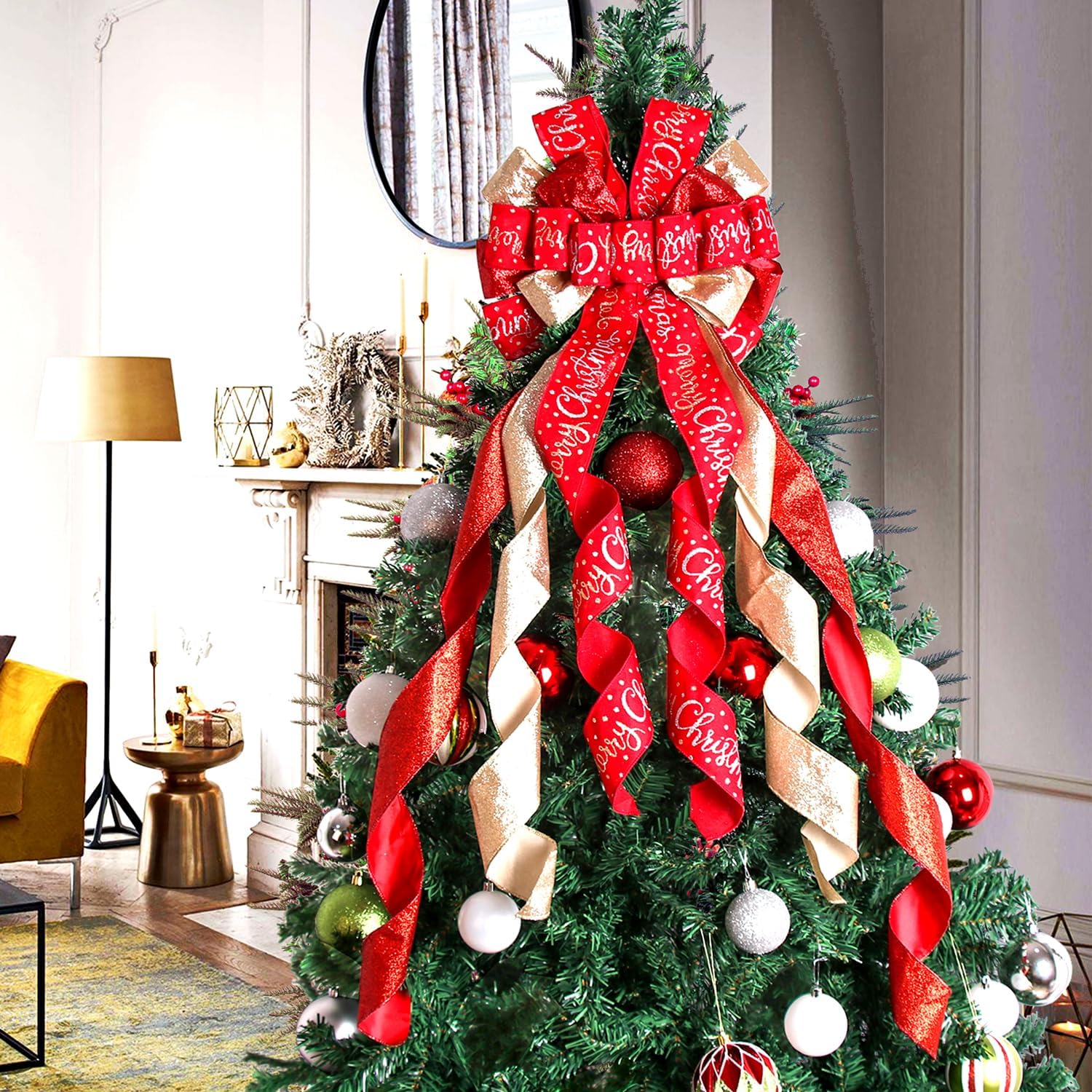 Regine Switzerland Christmas Tree Topper - Large 45"x12" Rustic Red Bow with Letter Pattern for Holiday Decor