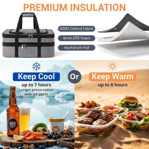 MIAOJIE Double Insulated Casserole Carrier - Portable Casserole Carriers for Hot or Cold Food Lunch Tote Warmer or Cooler Bag for Potluck Parties Picnic Cookouts, Fits 9" x 13" Baking Dish - Grey