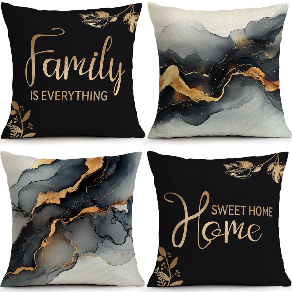 BEWQ Bless Home Black Gold Marble Throw Pillow Covers, 18X18 inch Set of 4 Square Modern Outdoor Pillow Cases Decorative Cushion Covers, for Home Couch Sofa Car Decor