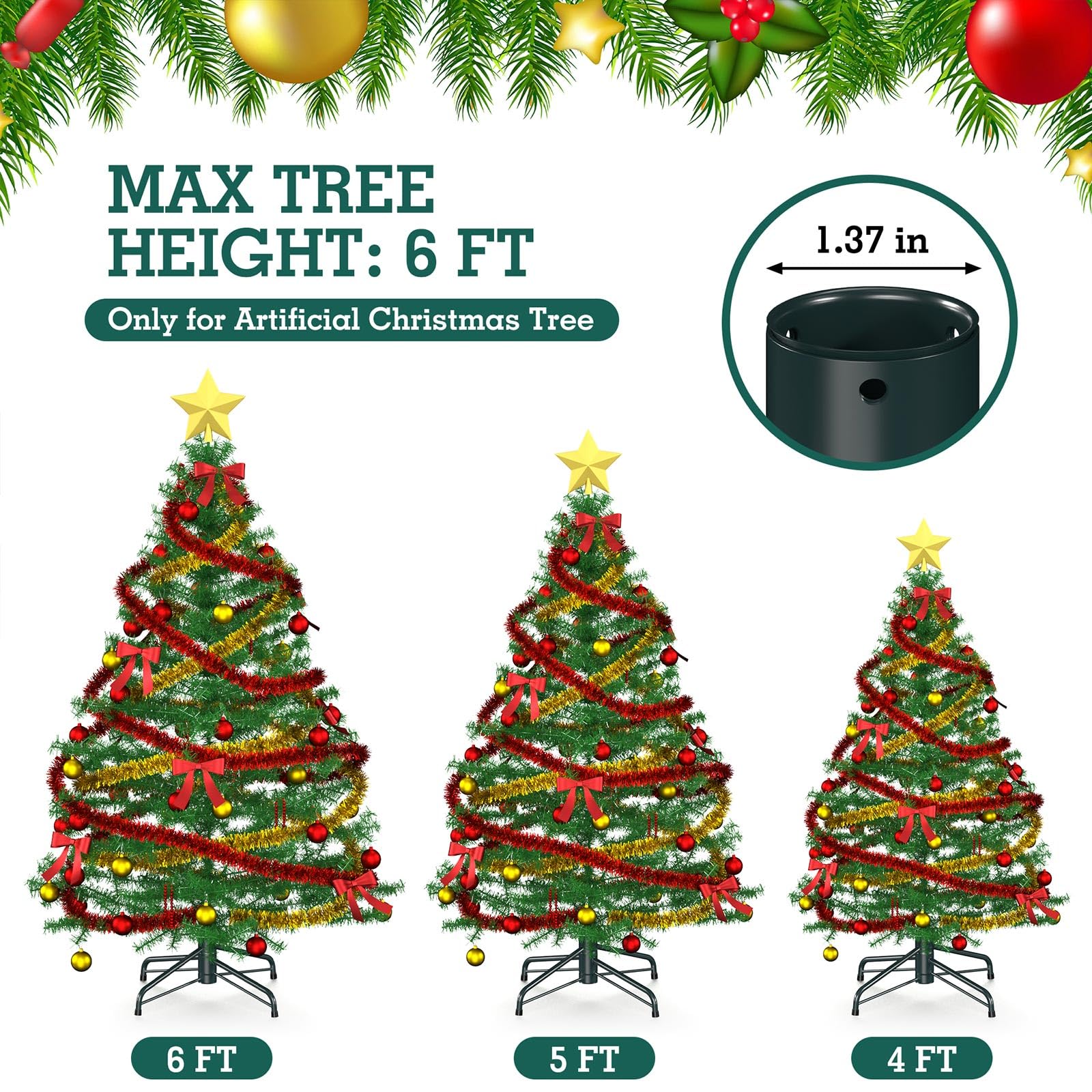 Hemndic Christmas Tree Stand for 4-6 Ft Artificial Trees, Universal Replacement Christmas Tree Base, Metal Folding Xmas Tree Stand Fits Artificial Tree Under 1.37 Inch Poles