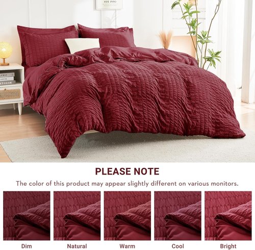 HYMOKEGE King Size Comforter Set - Burgundy Seersucker 7-Piece Luxury Bedding Set for All Seasons