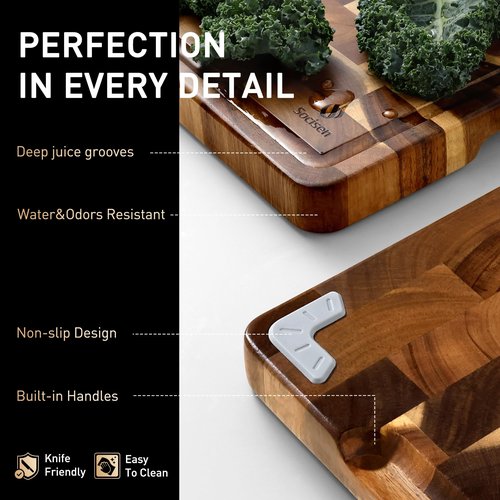 End Grain Cutting Board for Kitchen with Non-slip Feet, Acacia Wood Heavy Duty Checkered Cutting Board Handcrafted Luxury Chopping Board for Cooking and Serving Wooden Butcher Block Non Toxic