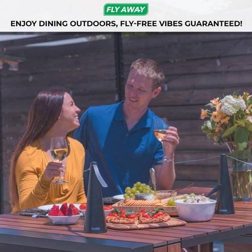 Fly Away - 2 Pack Outdoor Fly Repellent Fan, Outside or Inside Table use, Restaurant, Barbeque, Events, Deter Flies, Wasps, Bees, Other Moscas and Bugs Away, Battery Operated, Tabletop, Hanging Hook.