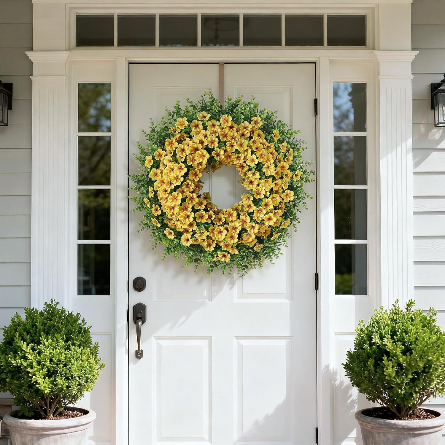Skiennix 26" Large Artificial Eucalyptus Wreath - Realistic Faux Silk Morning Glory Flowers for Home & Wedding Decor (Yellow)