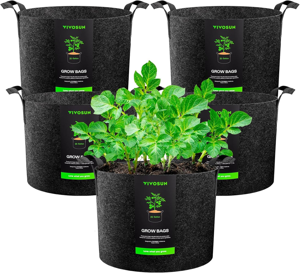 VIVOSUN 25 Gallon Heavy Duty Plant Grow Bags - 5-Pack Thickened Nonwoven Fabric Pots with Handles