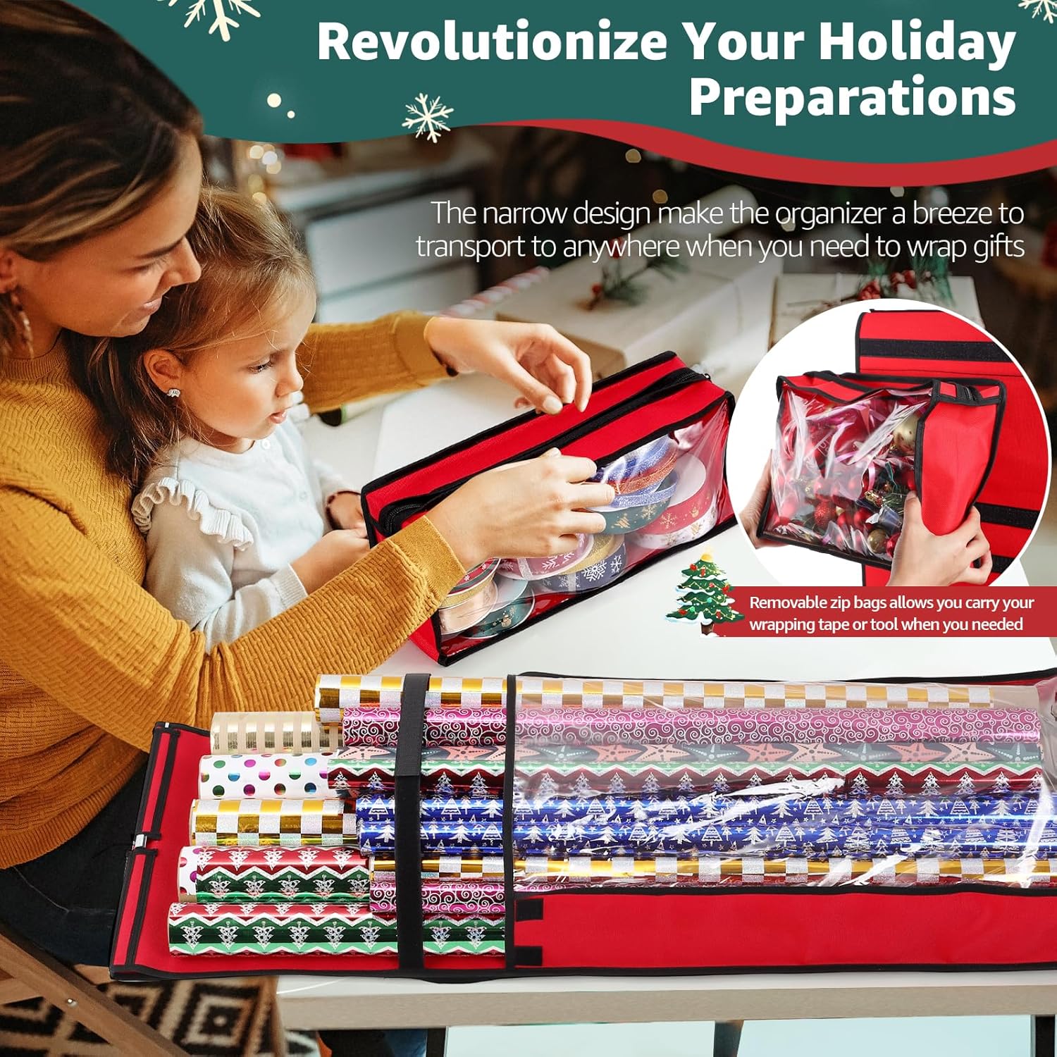 Woodoulogy Hanging Gift Wrapping Paper Storage - 40x17 Black Organizer & 63x13 Red Over-Door Bag