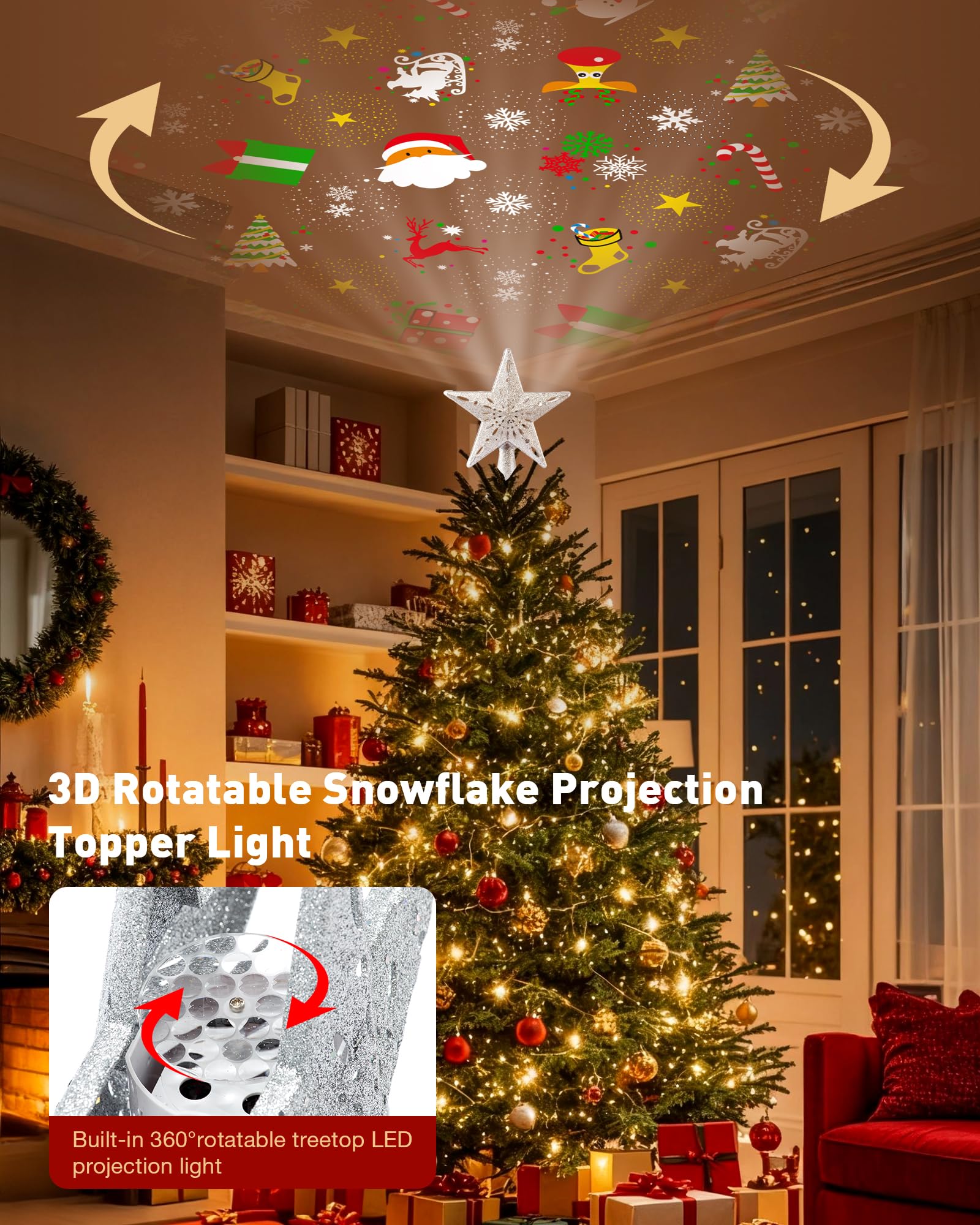 Christmas Tree Topper Lighted with 6 Patterns Projector, Christmas Star Tree Topper Built-in 3D Glitter LED Rotating Lights, Hollowed Christmas Tree Ornament for Xmas Party Holiday Decoration(Silver)