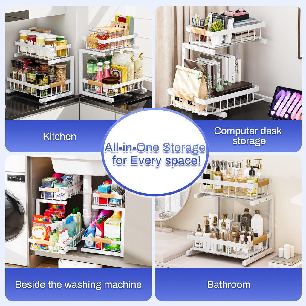 ADBIU 2 Pack Under Sink Organizers and Storage, Height Adjustable 2-Tier Pull Out Cabinet Organizer, Heavy Duty Slide Out Sink Shelf Drawer for Kitchen Bathroom Organization