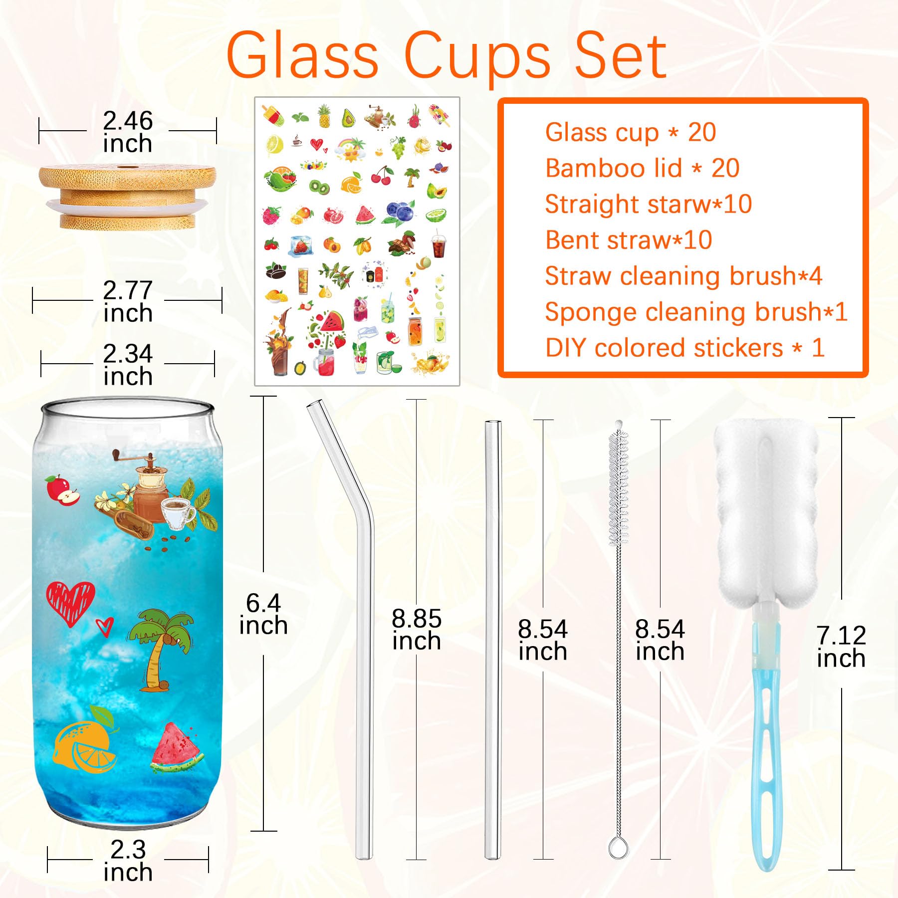 PeacePeo Glass Cups with Lids and Straws 20 Pcs 16 oz Ice Coffee Cup Skinny and Long Can Beer Cups Set Drinking Glasses with Bamboo Lids Reusable Glass Cups Ideal for Smoothies & Beverages