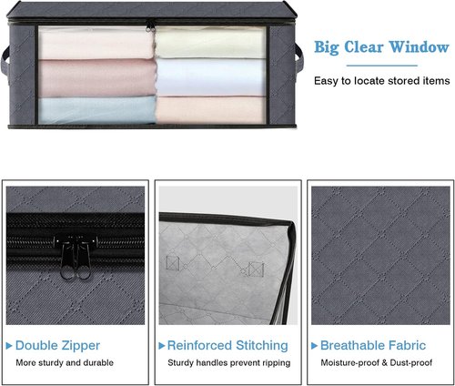 HomeHacks Clothes Organizer Storage Bags - Foldable 35L with Clear Window & Sturdy Handles | Gray 3-Pack