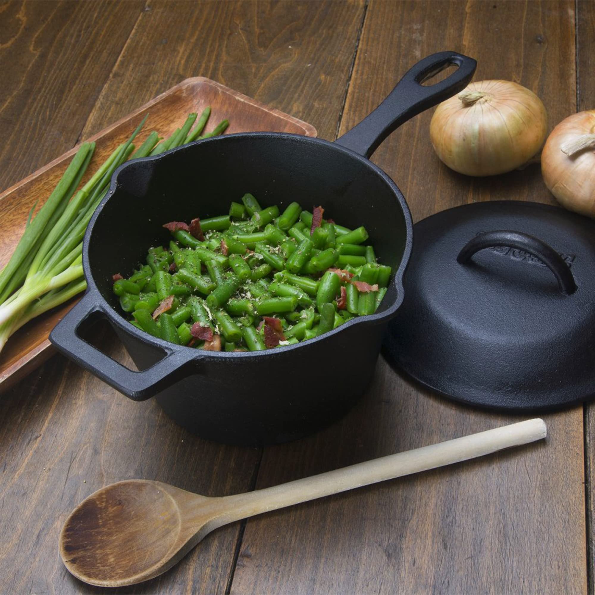 Bayou Classic 7448 2.5-qt Cast Iron Covered Sauce Pot Features Self-Basting Domed Lid Perfect For Reducing Sauces Simmering Soups or Boiling Eggs
