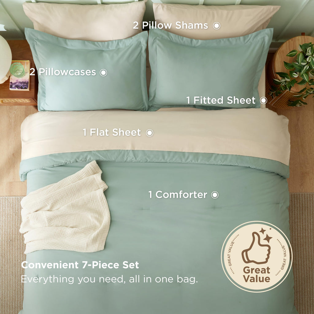 Bedsure Queen Comforter Set - 7 Pieces Sage Green Queen Bedding Set for All Seasons, Boho Contrasting Design Bed in a Bag with Comforter, Sheets, Pillowcases & Shams