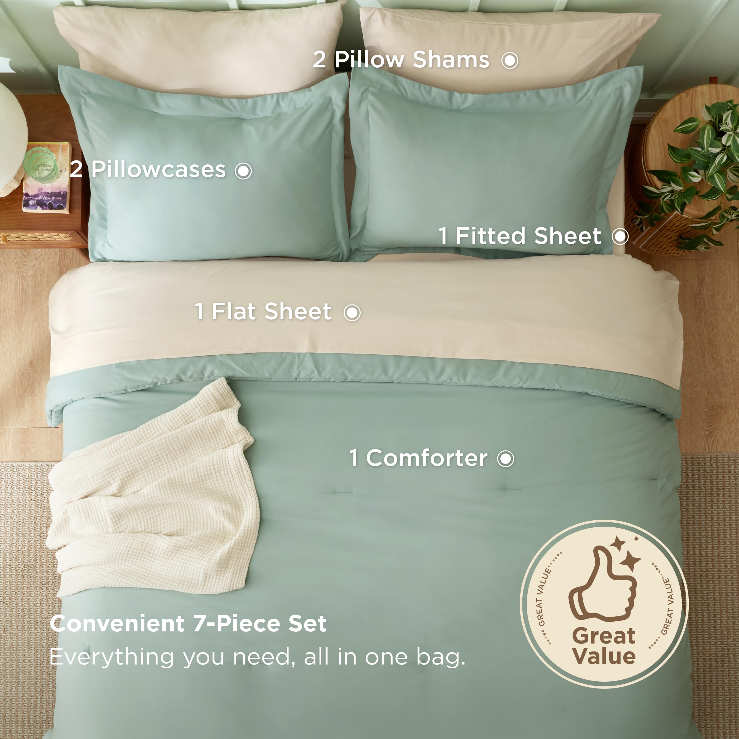 Bedsure Queen Comforter Set - 7 Pieces Sage Green Queen Bedding Set for All Seasons, Boho Contrasting Design Bed in a Bag with Comforter, Sheets, Pillowcases & Shams