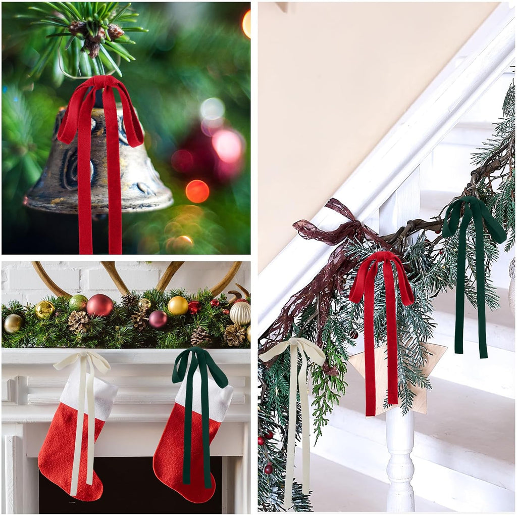 Skiennix Velvet Bows | 24 Pcs Vintage Double-Faced Ribbon Ornaments for Christmas Trees & Garlands | Red, Green, White (5 x 7 Inch, 3/8" Width)