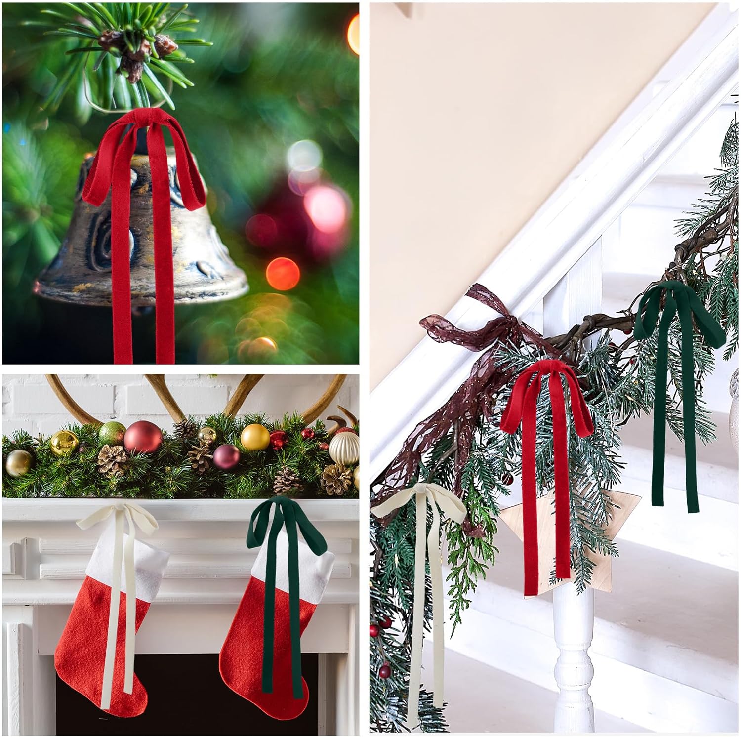 Skiennix Velvet Bows | 24 Pcs Vintage Double-Faced Ribbon Ornaments for Christmas Trees & Garlands | Red, Green, White (5 x 7 Inch, 3/8" Width)