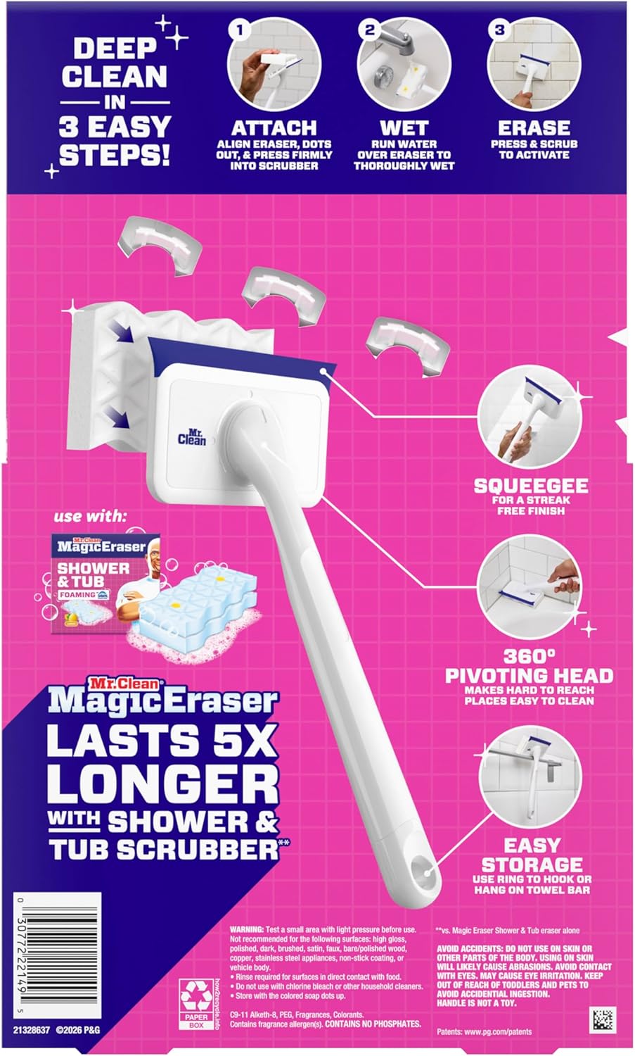 Mr. Clean Magic Eraser Shower & Tub Scrubber - All-in-One Bathroom Cleaner Kit | Lemon Scent, 1 Scrubber & 2 Erasers