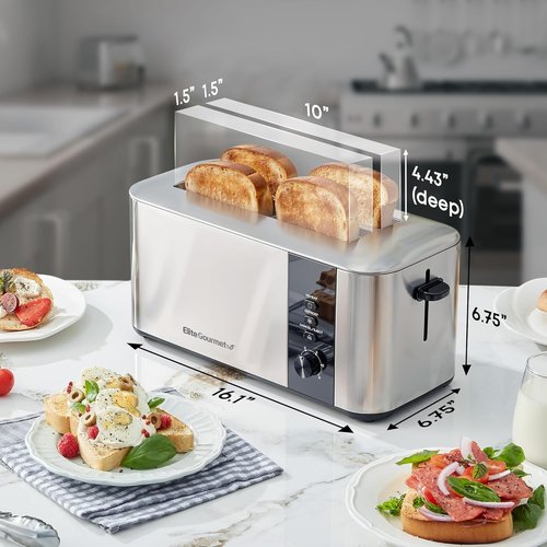 Elite Gourmet Long Slot 4-Slice Toaster - 1.5” Wide Slots, 6 Toast Settings, Stainless Steel Finish