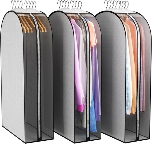 Liuoud 10" Gusseted Garment Bags - 40" Suit Bags with Clear Side Cover for Clothes Storage | 3-Pack, Grey