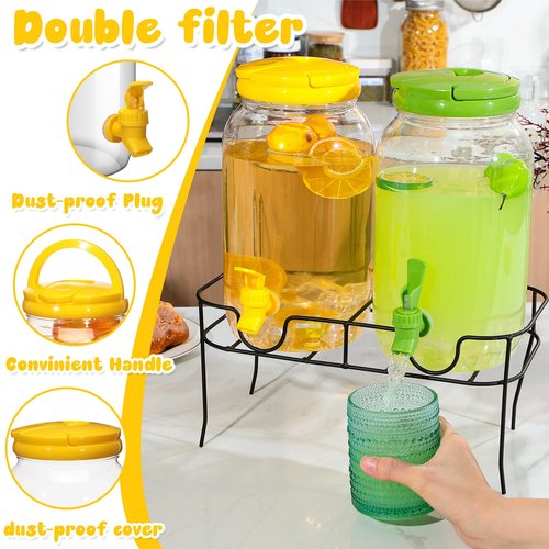 Uiifan 4 Pcs 1 Gallon Plastic Drink Dispenser for Parties Clear Plastic Beverage Dispenser Water jar with Spigot and Carrying Lid for Weddings Lemonade Juice Water Tea Beer, Yellow and Green