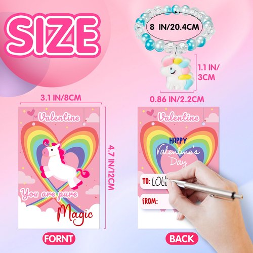 kortes Unicorn Valentines Day Cards for Kids Classroom, 24 Pack Valentines Gift Cards with Bead Bracelets, Valentine's Party Favors Toys for Girls and Valentine School Exchange Gifts Greeting Cards