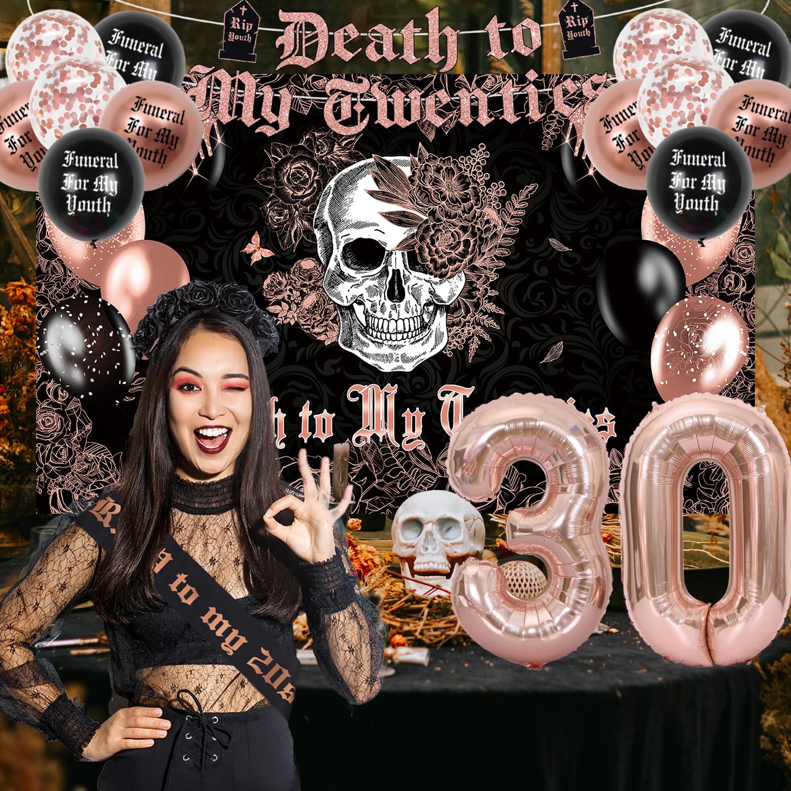 Crenics Rose Gold and Black Death to My 20s Decorations - Death to My Twenties Backdrop, Banner, Honeycomb, Sash, Hanging Swirls, Cake Topper and Balloons for 30th Birthday Party Decorations for Her