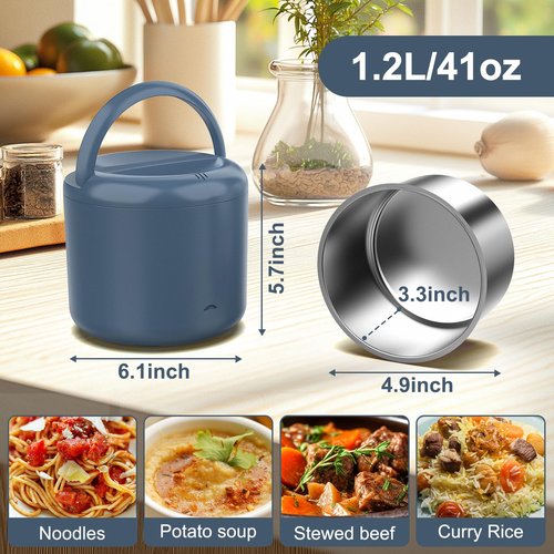 Herrfilk Electric Lunch Box Food Heater, 1.2L/41oz Heated Lunch Boxes for Adults, 12V/24V/110V Portable Food Warmer for Car/Truck/Office With Fork Spoon and Insulated Carry Bag（Blue）