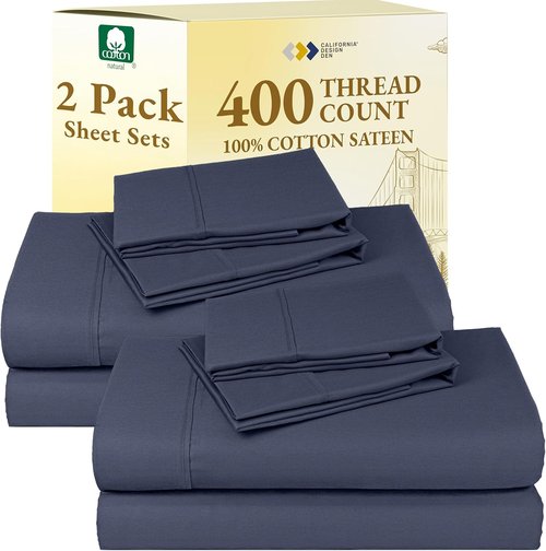 California Design Den Queen Size Sheet Sets - 400 Thread Count 100% Cotton Sateen - Soft, Breathable Indigo Dusty Blue