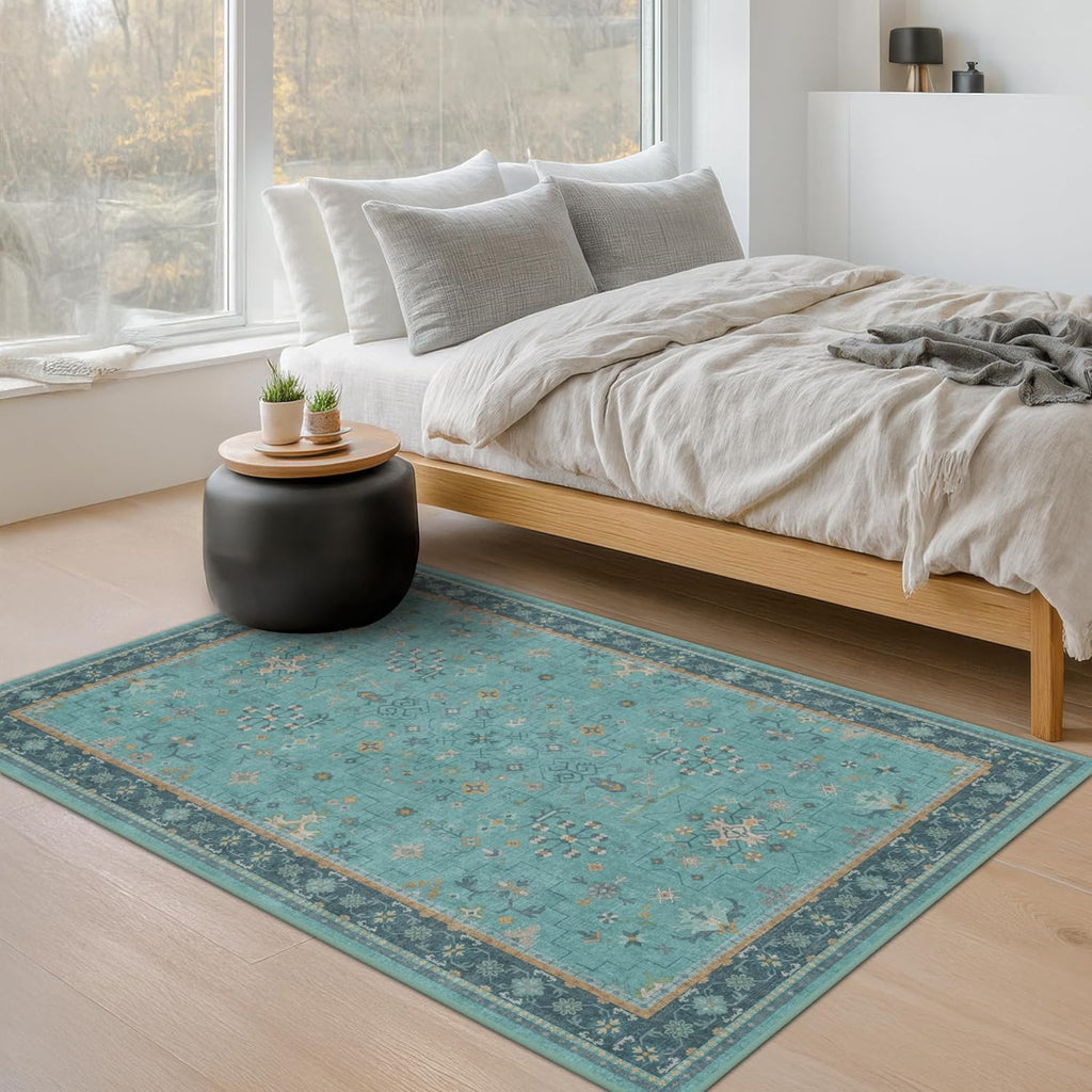 Skiennix Washable Teal Rug - 3x5 Indoor Throw Rug for Kitchen, Bedroom, Bathroom | Non-Slip, Fade Resistant, Boho Décor