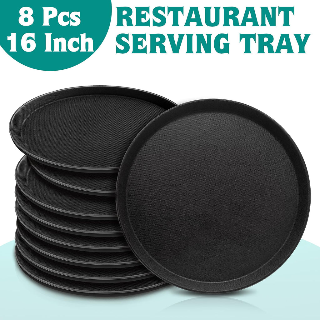8 Pcs 16 Inch Round Serving Trays Restaurant Serving Trays Plastic Food Drink Serving Tray Non Slip Rubber Lined Black Serving Tray for Party Bar Restaurant Cocktail Cafeteria