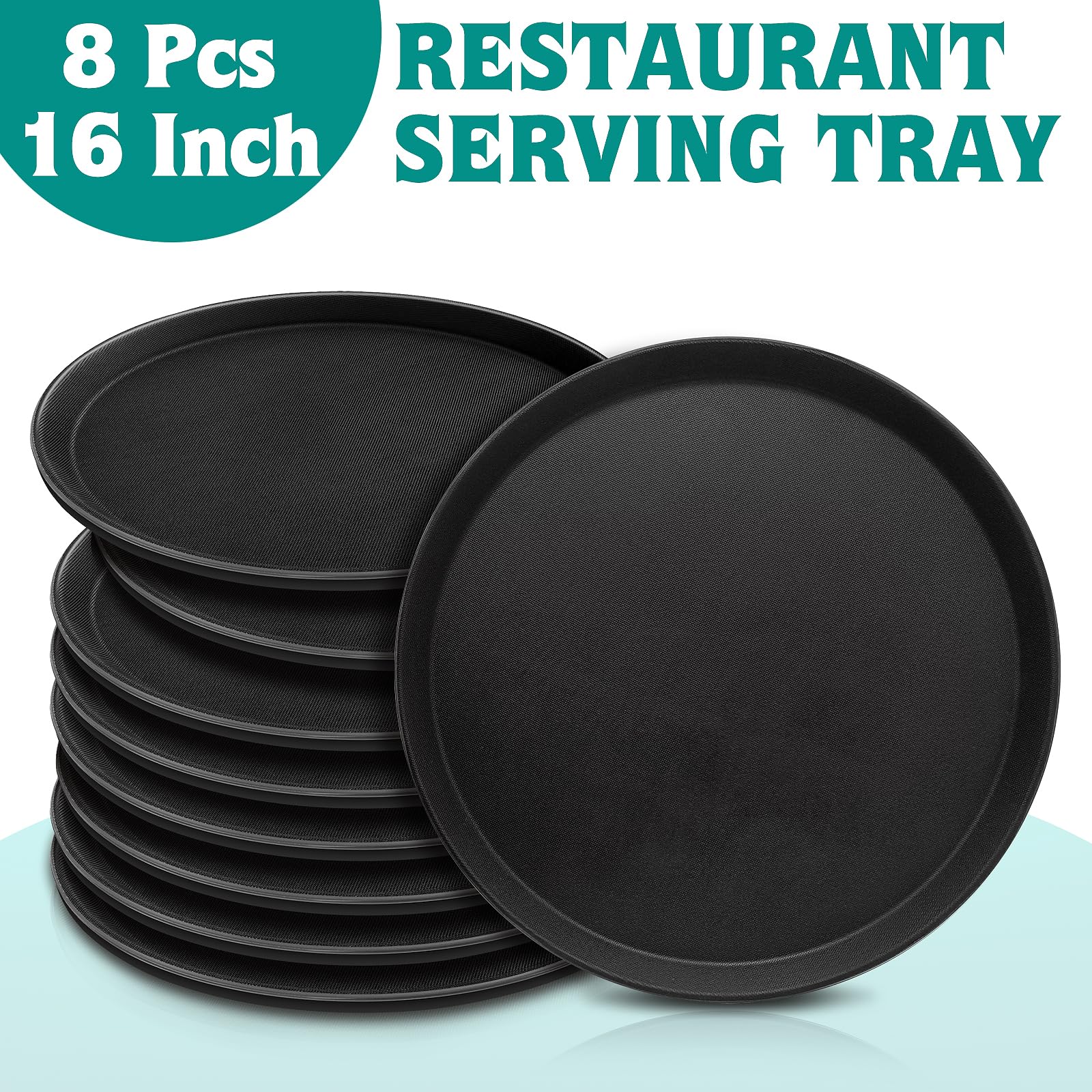 8 Pcs 16 Inch Round Serving Trays Restaurant Serving Trays Plastic Food Drink Serving Tray Non Slip Rubber Lined Black Serving Tray for Party Bar Restaurant Cocktail Cafeteria