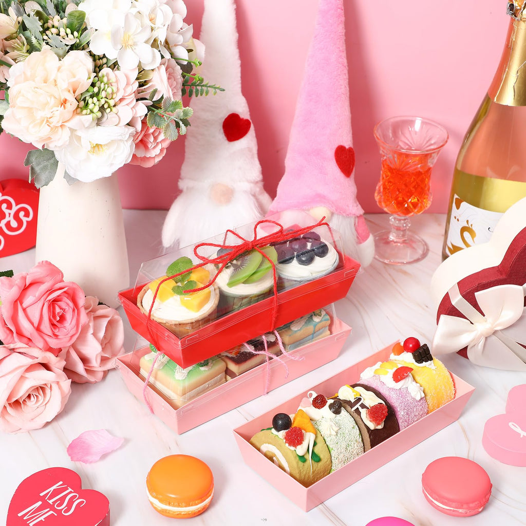 Layhit Valentines Charcuterie Boxes with Clear Lids and Rope Valentine's Day Rectangle Cookie Boxes Pink Red Disposable Dessert Containers for Wedding Anniversary Party Favor Cake Sandwich(50 Sets)