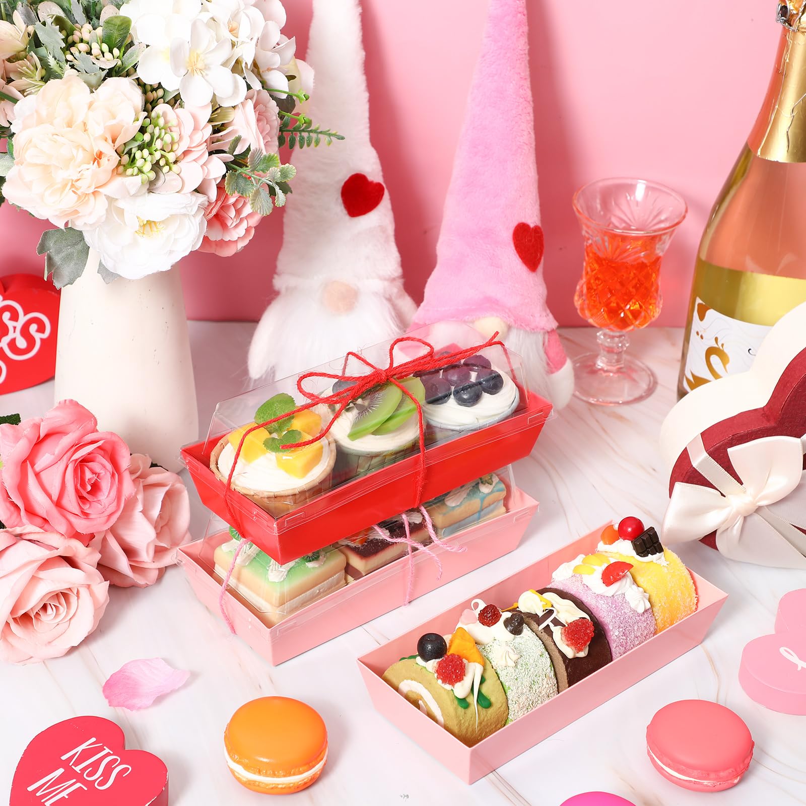 Layhit Valentines Charcuterie Boxes with Clear Lids and Rope Valentine's Day Rectangle Cookie Boxes Pink Red Disposable Dessert Containers for Wedding Anniversary Party Favor Cake Sandwich(50 Sets)