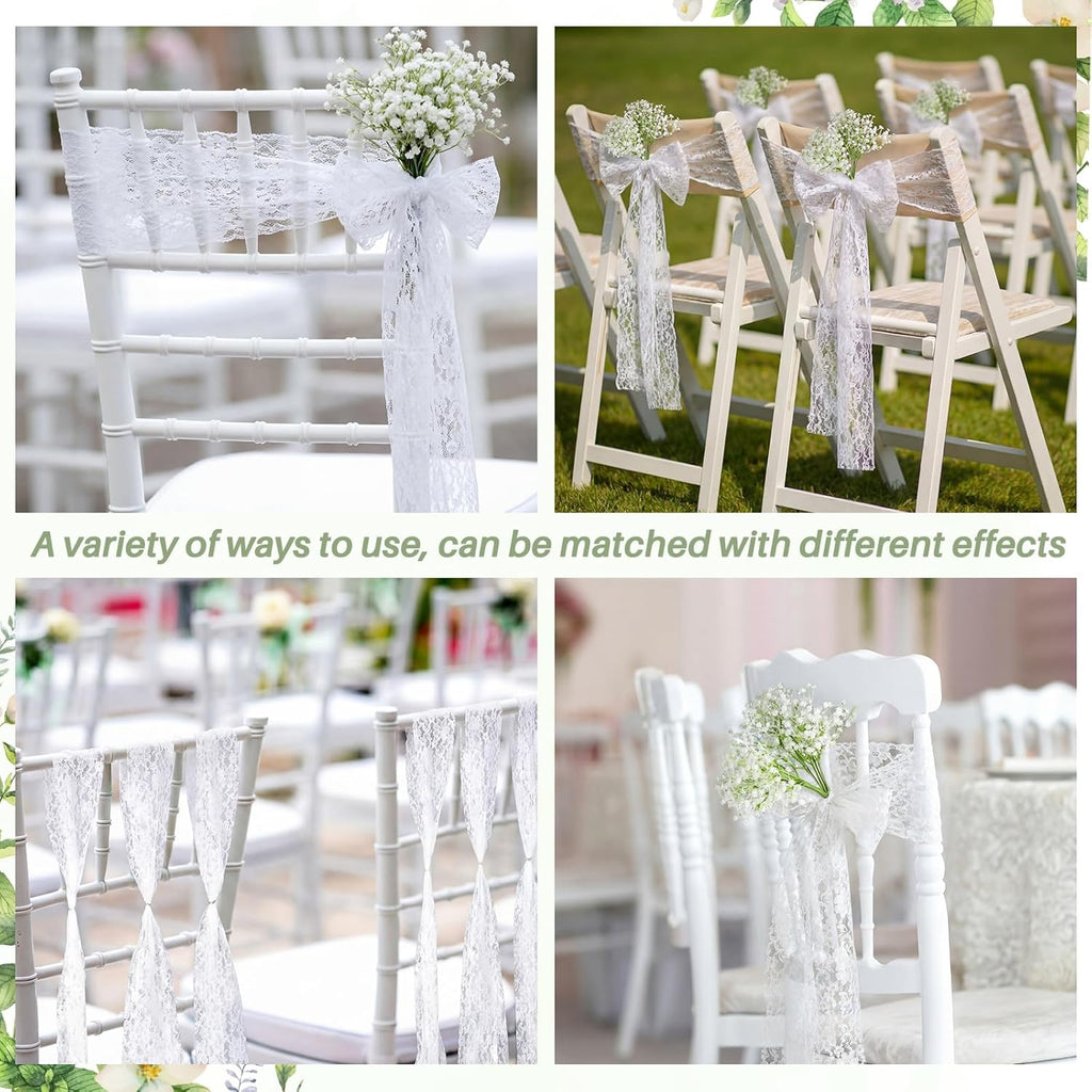 Moukeren White Lace Chair Sashes - 24 Sets with Artificial Baby's Breath | 8.2ft Wedding Aisle Decor