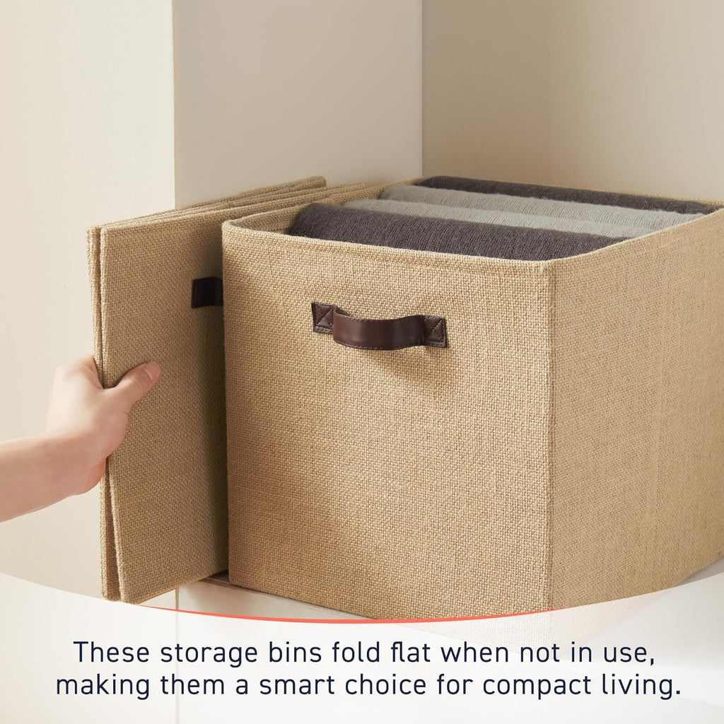 Ornavo Home Storage Cube Bins - 10.5 x 10.5 Jute Baskets, 6 Pack, Foldable with Leather Handles