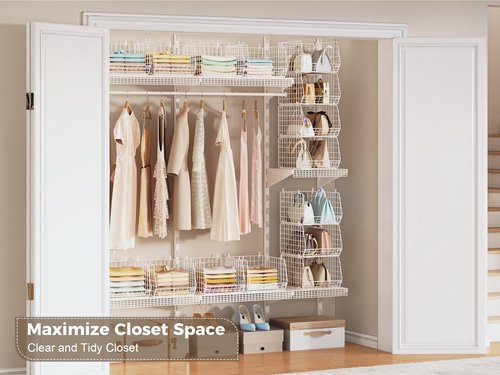 4" Extra Deeper Foldable Hanging Closet Organizer, Small Wire Cabinet Shelves and Storage with 5 S Hooks,4 Tier Metal Basket Bins for Clothes Sweaters Handbags, Wardrobe for Kitchen Laundry Room，White