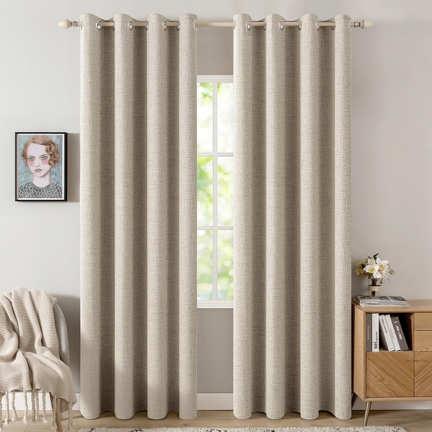 MIULEE 100% Blackout Linen Curtains - Thermal Insulated Grommet Drapes for Bedroom | 52 x 72 Inch (2 Panels)